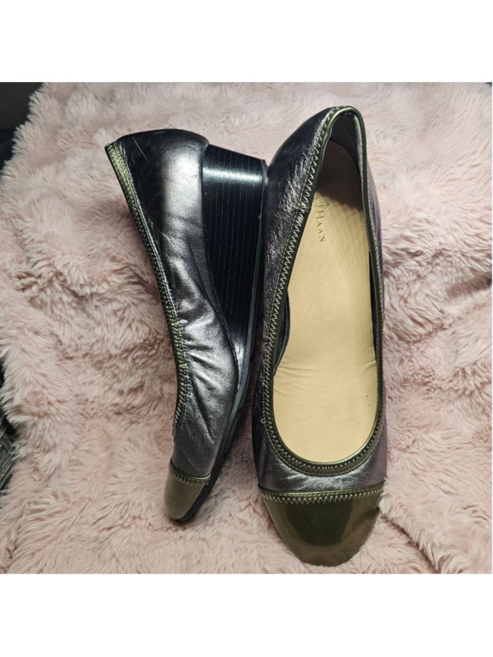 Cole Haan Milly Metallic Pewter & Olive Green Nike Air Wedge Pumps